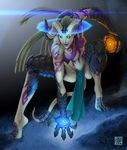  badass breasts claws crouching demon female halo horn horns loincloth long_legs magic nude shapeshifter solo sunamori tail tattoo tiefling unconvincing_armor underwear 