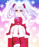  blue_hair blush boots chimney christmas ebi_tendon gloves highres hoshino_ruri kidou_senkan_nadesico red_gloves santa_costume short_hair solo twintails yellow_eyes 