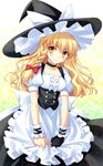  blonde_hair braid choker clothes_grab fingerless_gloves frills gloves hat kirisame_marisa long_hair sato-pon smile solo touhou wavy_hair witch_hat yellow_eyes 