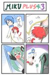  2girls 300 4koma animal_ears blue_hair catstudioinc_(punepuni) censored comic fang green_hair hatsune_miku highres kaito leonidas multiple_girls nail_leek novelty_censor original puni_(miku_plus) red_hair spring_onion thai translated vocaloid 