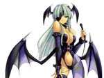  bat breasts capcom choker cleavage darkstalkers demon eye_patch female green_eyes green_hair hair long_green_hair long_hair looking_at_viewer morrigan_aensland navel skimpy solo standing succubus vampire_(game) whip white_background wings 