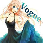  aqua_nails armlet bare_shoulders black_dress blue_eyes breasts cleavage dress earrings jewelry large_breasts long_hair megurine_luka nail_polish open_mouth pink_hair smile solo vocaloid vogue_(vocaloid) yuzuki_kihiro 