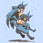  animal_ears ass black_hair blue_hair carrying eyewear_on_head gen_4_pokemon goggles kuromiya lucario moemon multicolored_hair personification piggyback pokemon pokemon_(creature) red_eyes sunglasses tail 