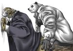  bear bomb_(artist) fangs fat feline gay male mammal muscles overweight panda penis plain_background sex suit tiger white_background 