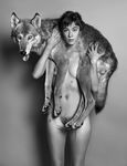  black_and_white coyote doing_it_wrong female feral greyscale human india_(model) looking_at_viewer mammal monochrome nipples not_furry nude ouch photo pose real ryan_mcginley tongue 
