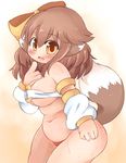  big_breasts blush breasts brown_eyes brown_hair chubby female hair looking_at_viewer mcdonnell-douglas overweight plain_background solo sweat tail white_background wolf_ears wolfgirl 
