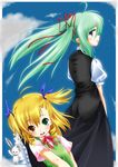  blonde_hair blush dress einhart_stratos green_eyes green_hair hair_ribbon heterochromia highres hoshirou long_hair lyrical_nanoha mahou_shoujo_lyrical_nanoha_vivid multiple_girls open_mouth purple_eyes red_eyes ribbon sacred_heart school_uniform st._hilde_academy_of_magic_uniform stuffed_animal stuffed_toy twintails vivio 