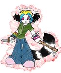  2003 blue_eyes blue_hair bracelet chival ear_piercing earring female hair holly_massey jewelry lemur one_eye_closed pants piercing shirt short_hair solo tail tie yellow_hair zeriara_(character) 