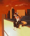  2010 abanob canine cigarette cityscape collar digitigrade ear_piercing earring fennec fox hair long_hair male pants piercing sitting smoking solo tail tanis_snowpaw topless 