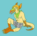  avian bandanna beak bird blonde_hair blue_background blue_eyes boxers claws clothing dipstick_tail doirn hair long_ears looking_at_viewer male markings muscles nipples orange_claws pink_nipples plaid plain_background pointy_ears shorts socks_(marking) solo topless toucan underwear yellow_feathers 