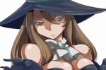  blue_eyes breasts brown_hair cleavage hat hekeniko large_breasts long_hair neck_ribbon ribbon shrug solo tactics_ogre witch_(tactics_ogre) witch_hat 