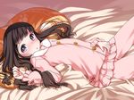  :o black_hair blue_eyes blush bow child long_hair looking_at_viewer lying on_back original pajamas pillow shouji_ayumu solo suzune_(shouji_ayumu) 