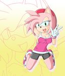  anthro big_breasts breasts cleavage clothed clothing deaffinity female gloves green_eyes hair headband hedgehog looking_at_viewer mammal mobian pink pink_body pink_hair pose sega smile solo sonic_(series) tail 