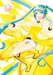  aqua_eyes aqua_hair bad_id bad_pixiv_id boots bracelet checkered checkered_background hatsune_miku headset jewelry knee_boots long_hair open_mouth project_diva_(series) project_diva_2nd renta_(deja-vu) shorts solo twintails very_long_hair vocaloid yellow yellow_(vocaloid) 