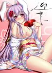  alcohol animal_ears breasts bunny_ears cleavage japanese_clothes kimono long_hair medium_breasts no_panties nonbei purple_hair reisen_udongein_inaba sake solo touhou 