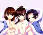  3girls absurdres anegasaki_nene blush breast_hold breasts brown_eyes brown_hair dmyo hair_ribbon highres kobayakawa_rinko long_hair love_plus multiple_girls naked_cape nude ponytail purple_eyes purple_hair red_hair ribbon shirahane_nao short_hair takane_manaka yuri 