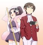  1girl bad_id bad_pixiv_id black_hair blush brand_name_imitation broom brown_eyes brown_hair choker cravat detached_sleeves ejji elysia_de_lute_ima glasses hair_ornament handheld_game_console highres kami_nomi_zo_shiru_sekai katsuragi_keima long_hair open_mouth playstation_portable ponytail purple_eyes school_uniform short_hair skull_hair_ornament smile thighhighs white_legwear 