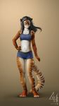  anhes baneth blue_eyes claws digitigrade feline female gym_shorts rakshani shorts solo sports_bra tiger uncanny_valley 