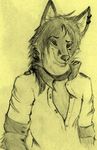  anthro black_and_white canine clothed clothing collar daisukedog drawing fleeks fox hair male mammal monochrome pencil plain_background sepia shirt sketch smile solo traditional_media yellow_background yellow_theme 