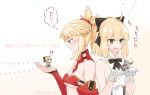  2girls :d ? april_fools artoria_pendragon_(all) black_bow black_ribbon blonde_hair bow bra breasts choker eyebrows_visible_through_hair fate_(series) gloves green_eyes hair_between_eyes hair_bow hair_ornament hair_scrunchie high_ponytail long_hair looking_down medium_breasts mordred_(fate) mordred_(fate)_(all) multiple_girls neck_ribbon open_mouth red_bra red_scrunchie ribbon saber_lily scrunchie shiny shiny_hair sideboob sidelocks sleeveless smile strapless strapless_bra thought_bubble touru_10ru underboob underwear upper_body white_background white_gloves 