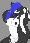  2010 big_breasts black black_nipples black_nose blue blue_eyes blue_hair breasts countershading female grey_background hair hair_over_eye half-closed_eyes holding_tail lips navel niis nipples nude shiny skunk solo streaks_skunk tail white 