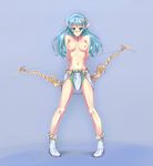  atomix blue_eyes blue_hair blush bow_(weapon) breasts elf legs long_hair medium_breasts nipples original pointy_ears solo standing topless weapon 
