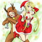  1boy 1girl antlers bag bell blonde_hair boots bow box breasts christmas cleavage collar dress fur_trim gift green_eyes hat kasuga orange_hair package present red_boots red_dress red_nose reindeer_suit reindeerboy sack santa_hat sarutobi_sasuke sarutobi_sasuke_(sengoku_basara) sengoku_basara star 