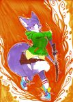  canine chuck_taylor_all_stars clothing converse female fox hoodie looking_at_viewer mammal multi-colored_body multicolored_clothing orange_background pink_eyes plain_background pocky purple shorts sneakers solo sword tomboy tomhoshino weapon 