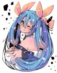  1girl bare_shoulders beltbra blue_hair bow breasts choker closed_mouth dizzy eyebrows_visible_through_hair from_side guilty_gear guilty_gear_xrd hair_between_eyes hair_ribbon highres iguana_henshuu-chou long_hair looking_at_viewer looking_to_the_side one_eye_closed pirate red_eyes ribbon simple_background solo tail tail_bow tail_ribbon twintails upper_body white_background yellow_ribbon 
