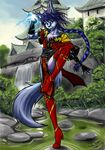  blue_hair canine chi chinese eastern girly gloves hair high_heels male ming practice river s0lar1x shadowzero20 shenyi solo stance wolf 