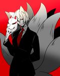  alternate_costume androgynous animal_ears arm_behind_back bad_id bad_pixiv_id banned_artist chikage_(kinokodou) formal fox_ears fox_mask fox_tail gloves mask multiple_tails necktie no_hat no_headwear pant_suit red_background red_eyes serious short_hair solo suit tail touhou yakumo_ran 