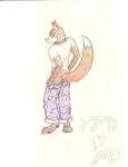  blue_eyes blush canine fox kingthedragon male orange pink_collar purple_pants solo white_shirt 