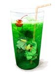  cherry chibi cup drinking_straw food fruit green_eyes green_hair ice in_container in_cup kaio_(watagami) kawashiro_nitori minigirl solo touhou 