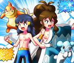  2girls angry blue_eyes blue_hair blush breasts brown_hair buizel cosplay crasher_wake cubchoo darkshadow flat_chest gym_leader hachiku_(pokemon) hikari_(pokemon) kumasyun maximum_kamen multiple_girls open_mouth pokemon pokemon_(game) pokemon_black_and_white pokemon_bw rorretsim small_breasts topless touko_(pokemon) white_(pokemon) 