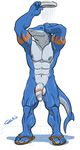  anthro balls biceps big_muscles fish male marine muscles nude pecs penis plain_background pose rex_(character) sandals shark shower smile unknown_artist white_background 