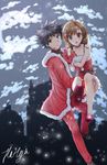  1girl bad_id bad_pixiv_id black_hair brown_eyes brown_hair carrying couple dsmile flower gloves hair_flower hair_ornament hetero kamijou_touma misaka_mikoto open_mouth princess_carry santa_costume short_hair signature to_aru_majutsu_no_index 