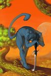  augi back blue blue_eyes blue_hair cat claws feline forest hair legs male muscles nude short_hair solo sword tail tree weapon 