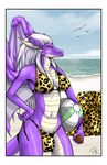  beach beach_ball bikini breasts bulge clothed clothing dickgirl dragon ear_piercing earring hair herm hi_res horn horns intersex long_hair looking_at_viewer majora navel ocean outside piercing potatokid purple purple_body scalie sea seaside side-tie_bikini side-tie_panties skimpy solo swimsuit tight_clothing undressing water white white_body white_hair wings yellow_eyes 