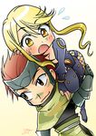  1boy 1girl blonde_hair breasts carrying chibi kasuga navel ninja open_mouth sarutobi_sasuke sarutobi_sasuke_(sengoku_basara) sengoku_basara sweat tongue 