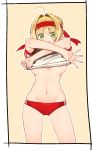  1girl ahoge blonde_hair breasts buruma cowboy_shot fate/grand_order fate_(series) green_eyes groin gym_uniform hair_bun hair_intakes headband highres kei_(soundcross) looking_at_viewer navel nero_claudius_(fate) nero_claudius_(fate)_(all) no_bra olympian_bloomers open_mouth red_buruma shirt shirt_lift short_sleeves solo sportswear t-shirt underboob undressing v-shaped_eyebrows yellow_background 