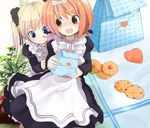  blonde_hair blue_eyes cookie fang food fuyuno_mikan heart multiple_girls open_mouth original short_hair smile twintails waitress 