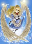  black_legwear blonde_hair blue_eyes curtsey hairband long_hair original pantyhose solo wings wolfedge 