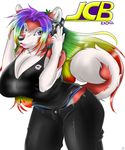  anthro big_breasts black_nose breasts canine chromatic_background clothed clothing curled_tail dog english_text female fur hair headphones heartz heartz_(character) huge_breasts husky lips long_hair looking_at_viewer mammal multi-colored_hair panties panty_line pin pink pink_fur rainbow rainbow_eyes rainbow_hair solo tail text underwear white white_background white_fur 