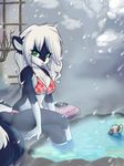  bikini black_fur blue breasts christiepistol cleavage clothed clothing day eyelashes female fur green_eyes hair hot_spring long_hair looking_at_viewer mammal outside sitting skimpy skunk snow solo steam swimsuit tail taki tight_clothing water white white_fur white_hair winter 