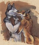  abstract_background black_fur blotch brown_fur butt canine claws couple dog duo eye_contact fox fur gay green_eyes hand hand_on_chest husky licking looking_at_each_other love male mammal nude standing tongue tongue_out touching white_fur 