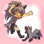  animal_ears arms_up blush_stickers fangs gen_3_pokemon grey_hair hitec kneehighs moemon open_mouth orange_eyes personification pokemon pokemon_(creature) ponytail poochyena yellow_eyes 