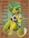  2010 ball clothed feline football green_eyes green_hair hair hindpaw leopard looking_at_viewer male mascot miri paws shirt short_hair shorts sitting soccer soccer_ball solo south_africa spots tail world_cup zakumi 