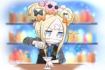  1girl abigail_williams_(fate/grand_order) alternate_costume animal bartender black_bow black_vest blonde_hair blue_eyes blurry blurry_background bow bug butterfly cocktail_glass collared_shirt commentary_request cup depth_of_field double_bun drink drinking_glass fake_facial_hair fake_mustache fate/grand_order fate_(series) grey_shirt hair_bow highres holding insect long_sleeves necktie neon-tetora on_head orange_bow pouring shirt simple_background solo sparkle stuffed_animal stuffed_toy sunglasses teddy_bear upper_body vest white_neckwear 