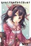  2011 akeome animal_ears brown_hair bunny_ears face fingerless_gloves gloves hands_together happy_new_year head_tilt japanese_clothes k.y_ko kimono looking_at_viewer new_year obi original own_hands_together red_eyes sash short_hair smile solo themed_object upper_body 
