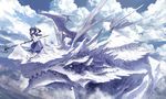  armor bird blue_eyes blue_hair cloud dragon extra_eyes gloves highres long_hair original polearm riding sky solo staff tsukuba_masahiro weapon wings 